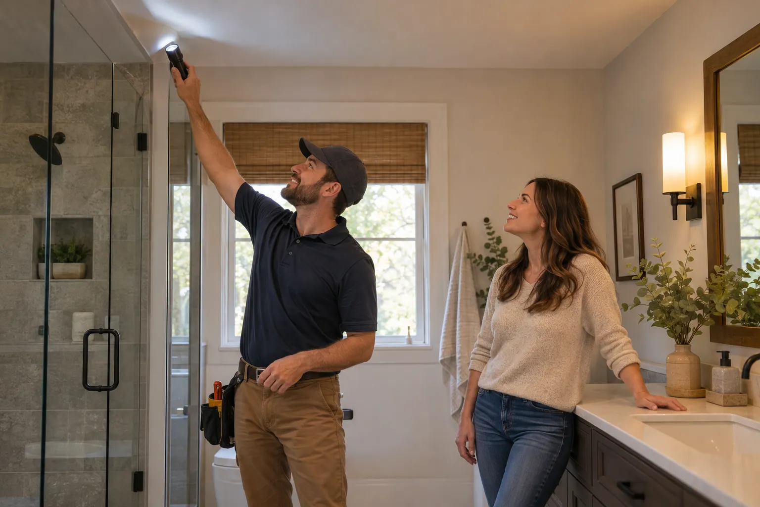 A provider checking a bathroom ceiling for moisture in a the Havre de Grace area home